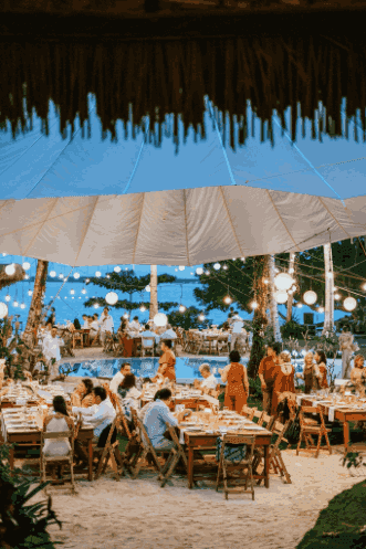 The long communal table at dusk